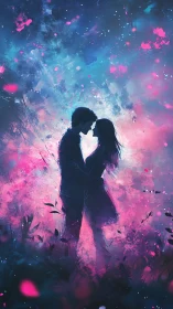 Silhouetted Couple Embracing in Neon Particle Explosion