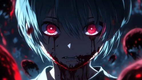 Blood-soaked anime child with glowing red eyes stares forward.