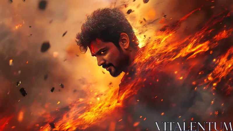 Male figure emerging through dynamic flames and debris.