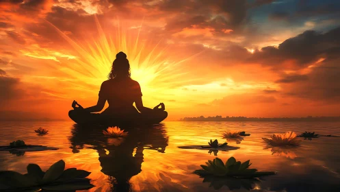 Silhouette figure sits in lotus pose on reflective water surface