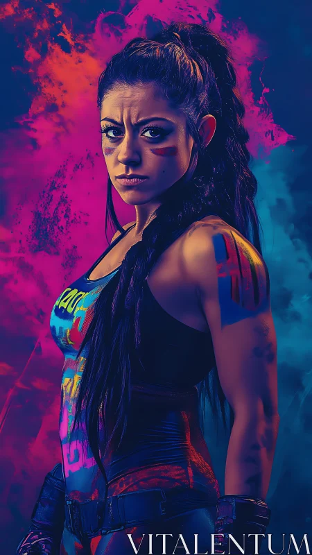 Warrior woman stands amid neon smoke and electric color.