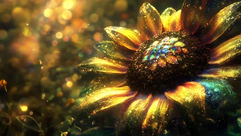 Glittering cosmic sunflower with radiant jeweled center.