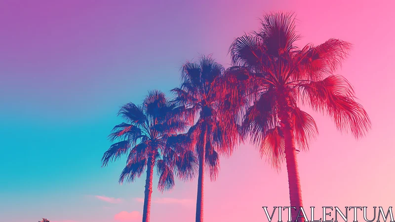 Neon palm trees glow under vibrant pink blue gradient sky.