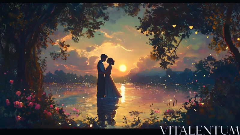 Romantic Couple in Water at Golden Sunset.
