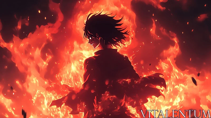 Silhouetted anime figure stands engulfed in intense flames