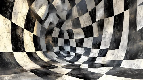 Distorted Checkerboard Tunnel in Surreal Grunge Style.