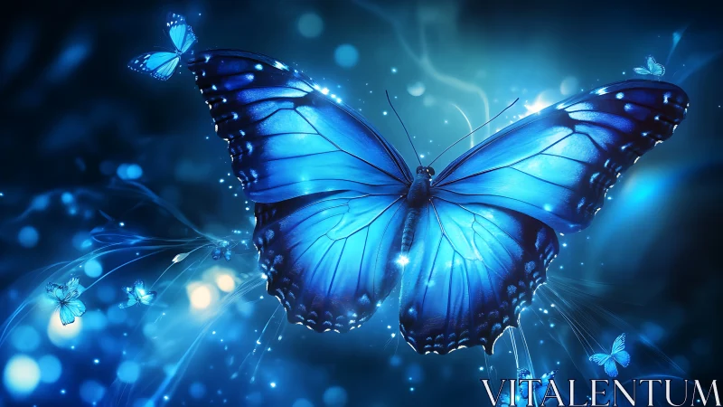 Bioluminescent blue butterfly swarm in ethereal bokeh field