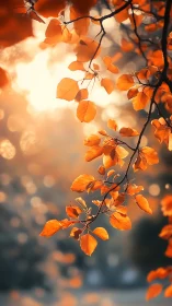 Backlit autumn branch with orange leaves in soft focus.