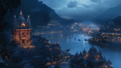 Sacred riverside city glows under misty blue twilight skies