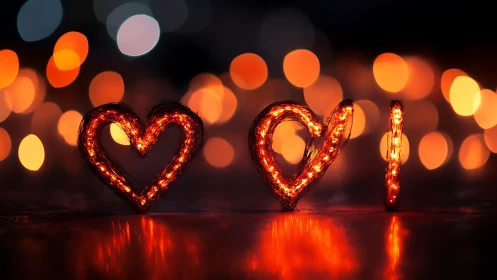 Glowing neon hearts illuminated against blurred warm bokeh lights