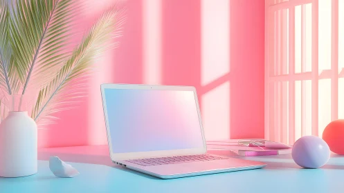 Minimalist pastel workspace with laptop and soft sunlight, modern style.