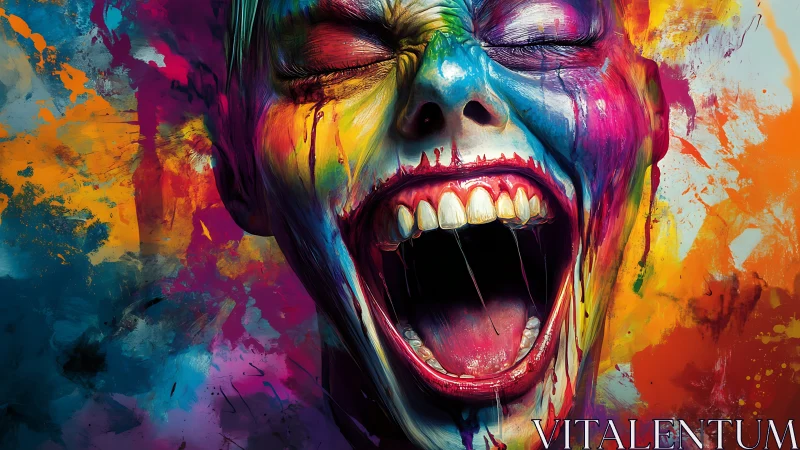 Screaming face erupts in chaotic neon paint explosion.