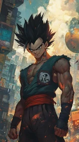 Streetborn saiyan stands defiant in a burning sky city.