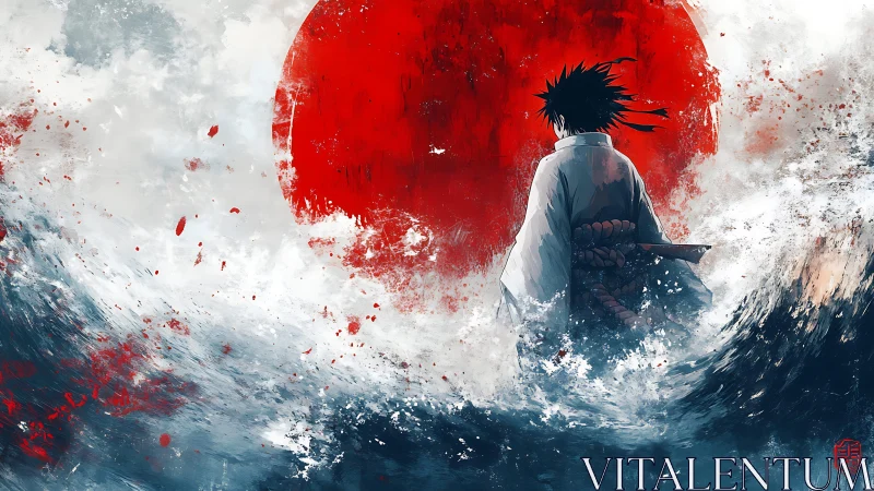 Samurai silhouette amid turbulent sea and rising red sun.