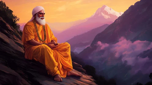 Meditating sage in saffron robes overlooking layered Himalayan ridge