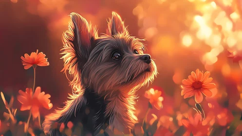Small dog in warm orange flower field at sunset.