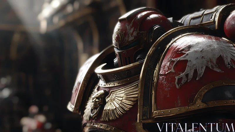 Armored red power suit with worn heraldic insignia in bokeh hall