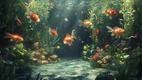 Volumetric-lit koi shoal in densely rendered aquatic biome.