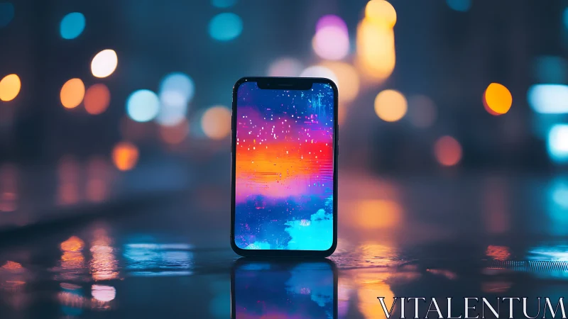 Dreamy neon smartphone glowing in a rain kissed city night.