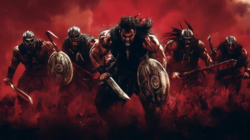 Masked barbarian warband charges through crimson battle fog