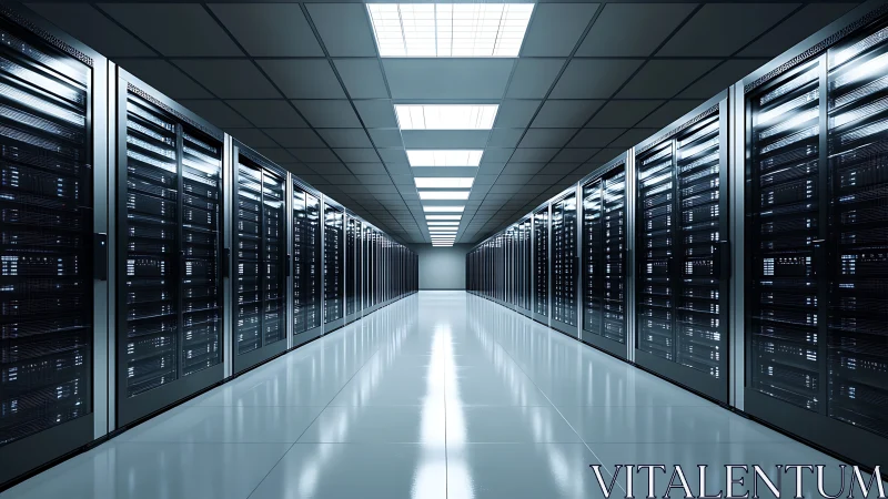 Cool quiet corridor of softly glowing data servers at work.