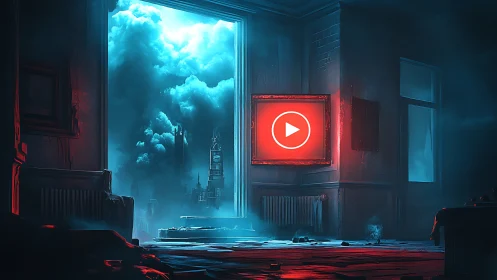 Cyan storm gateway and red play icon in ruined interior.