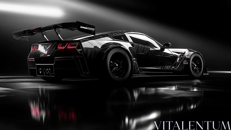 Midnight-black race car stands poised in sleek studio light