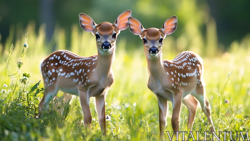 Sunlit twin fawns pause in a sparkling meadow daydream.