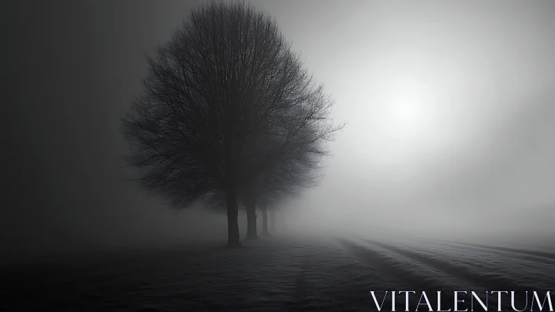 Lone winter tree guarding a fog-drowned horizon at dawn.