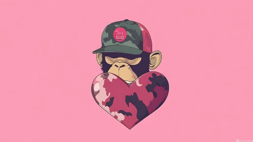 Stylized cartoon ape head with camo cap and heart-shaped torso