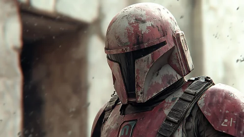 Weathered sci fi armored soldier in red helmet close view.