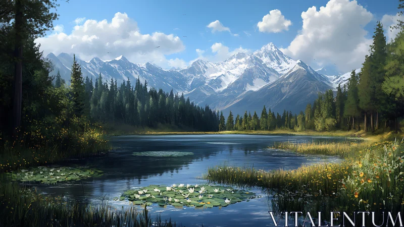 Lakeside lilies bask beneath storybook snowcapped peaks.