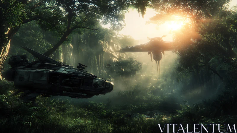 Twin gunships descending through volumetric jungle sunrise