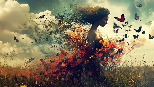 Surreal woman dissolves into butterflies above wild meadow