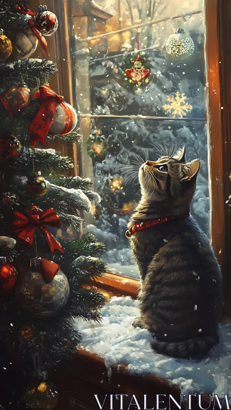 Digital painting of Christmas cat at frosted window tableau.