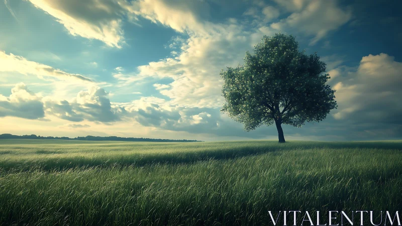 Lone Tree in Lush Field Under Dramatic Sky, Photorealistic Style.
