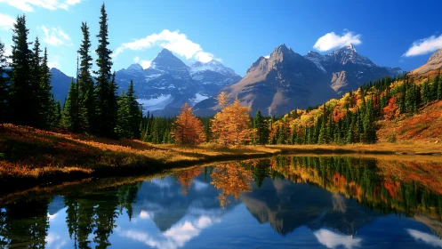 Alpine lake mirrors golden autumn forest and rugged peaks.