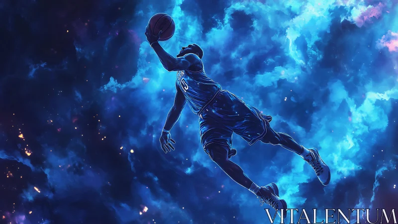 Cosmic blue-lit basketball player in midair layup silhouette