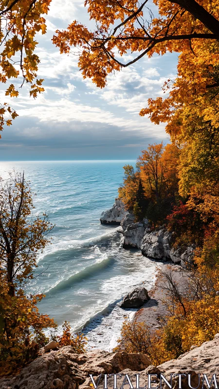 Coastal shoreline with autumn trees and rocky beach view.