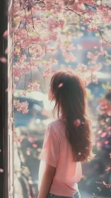 Girl beneath cherry blossoms in soft spring backlight.