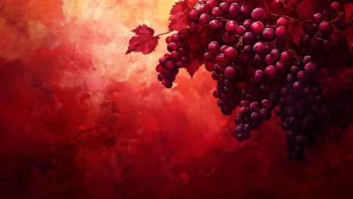 Clustered red grapes against textured crimson backdrop.