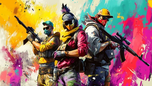 Color-splashed urban mercenaries guarding neon chaos streets.