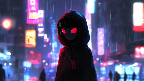 Hooded figure with red eyes in neon lit rainy city street.