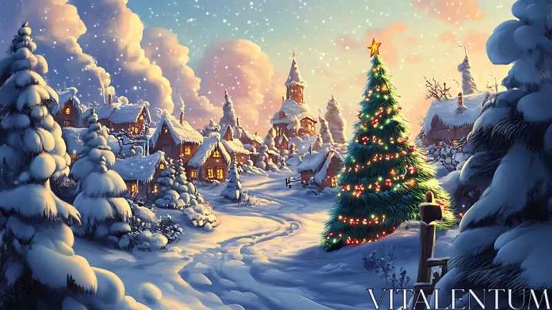 Snowlit village square with glowing Christmas tree centerpiece.