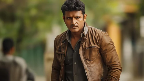 Man in brown leather jacket in shallow depth of field portrait.