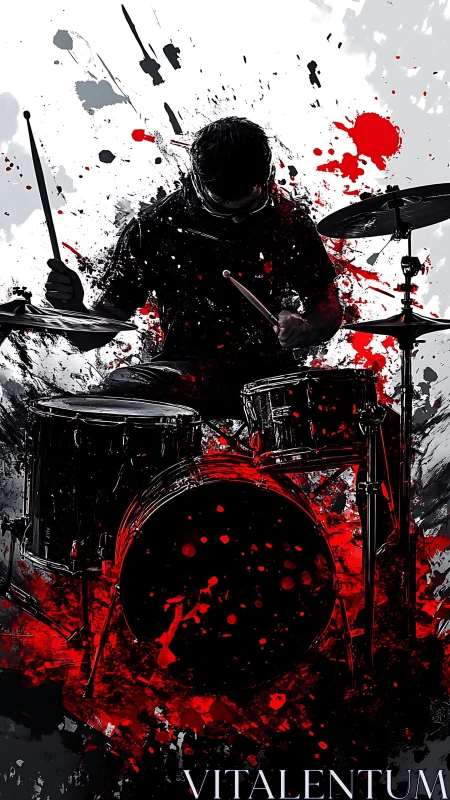 Silhouetted drummer with splattered red and gray background.