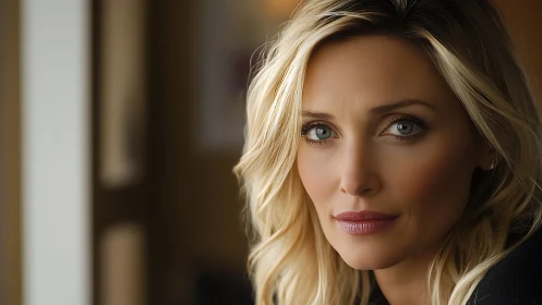 Calm blue gaze in soft golden windowlight portrait study.