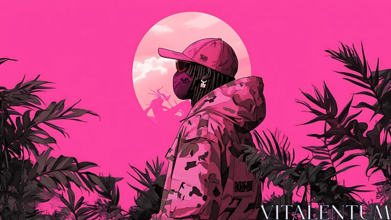Pink tropical streetwear figure under bold circular sun.
