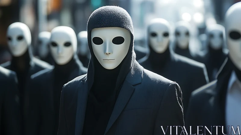 Masked figures in suits advance through blurred urban corridor