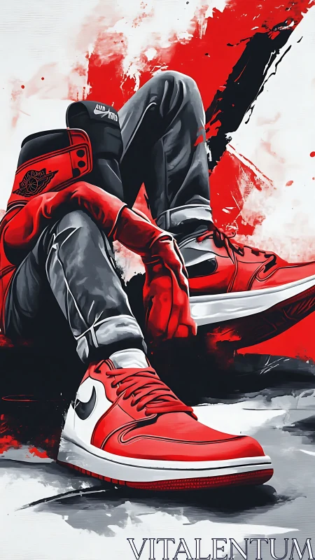 Red sneakers rest against abstract red and black backdrop